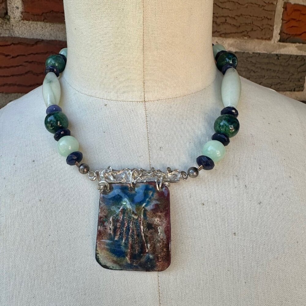 Three Semi-Precious Stones & Enamel Pendant Necklace